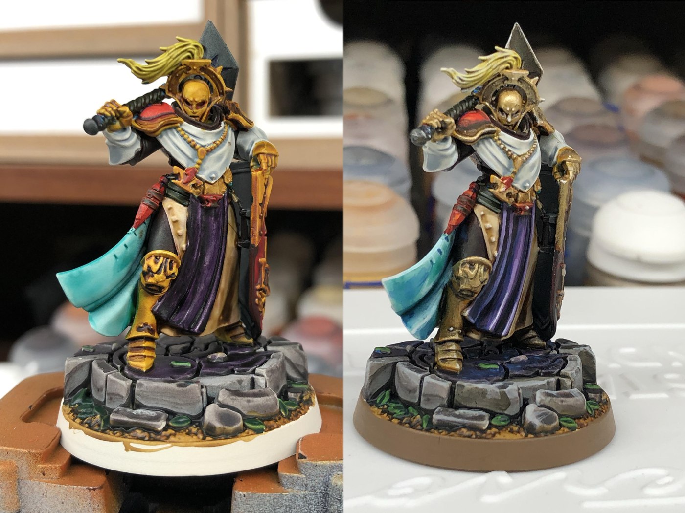 Tested out Contrast today. Before and after adding some other washes,  glazes, and highlights.: minipainting